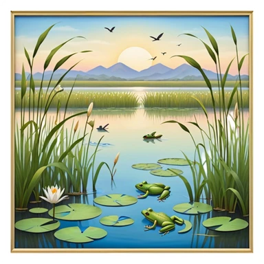 Cinematic Realistic Wetlands Emoji in a wooden frame, Peaceful and serene, with tall grasses swaying in the breeze and soft, muddy waters reflecting the sky above. Small birds and insects flit among the reeds while lily pads float lazily across the surface, punctuated by the occasional croak of a frog or splash of a fish. Soft glowing outline, capturing the essence of a calm, tranquil wetland brimming with life and natural beauty. sticker