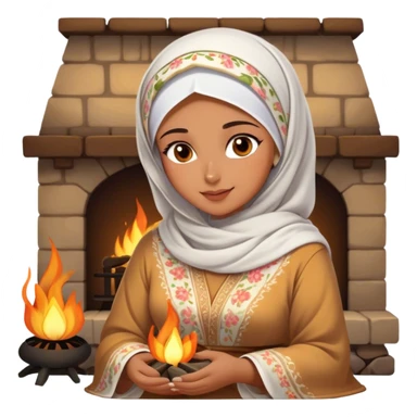 An Arab woman dressed in a beautiful floral traditional outfit with a delicate white headscarf sits by a fire at night. The warm glow of the flames highlights her radiant features, giving the scene a soft, serene, and intimate feel. sticker