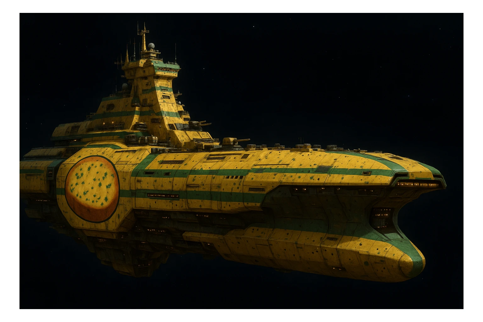 a massive cruiser size space supercarrier space ship, except it is decorated in a garlic bread insignia and paint scheme sticker
