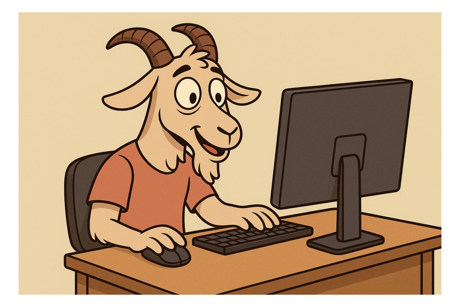 cartoon style goat sitting at a computer, friendly and simple colors sticker