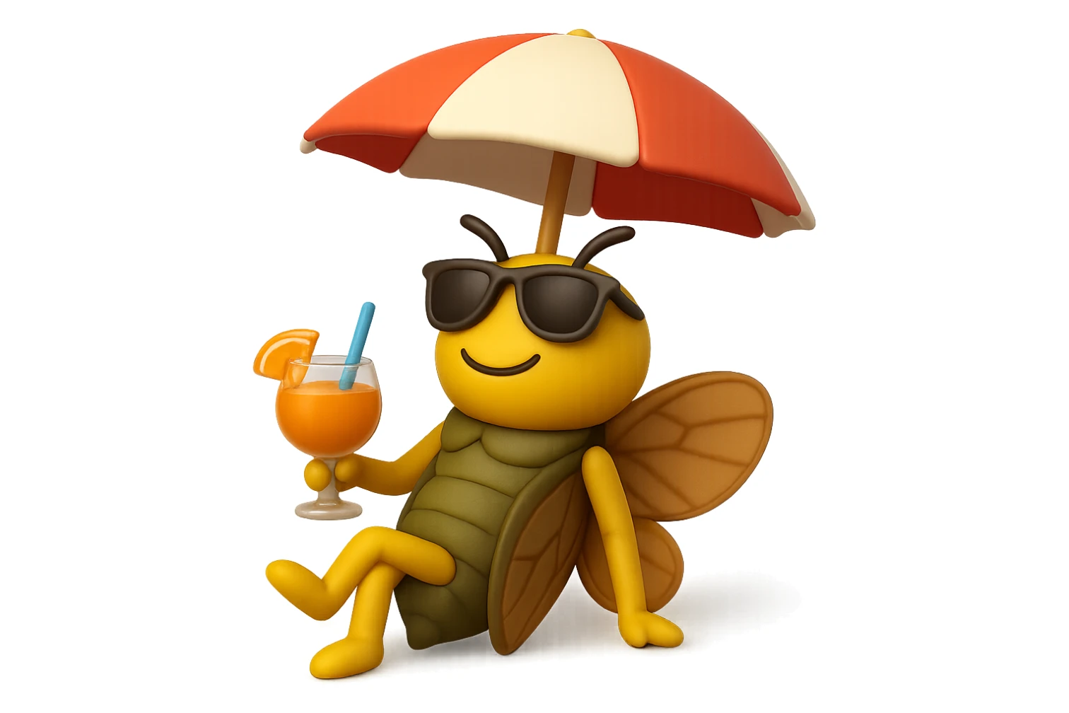 EMOJI STILE IPHONE 3D DI UNA CICALA CHE STA RILASSATA SEDUTA SOTTO L'OMBRELLONE CON UN COCKTAIL IN MANO sticker
