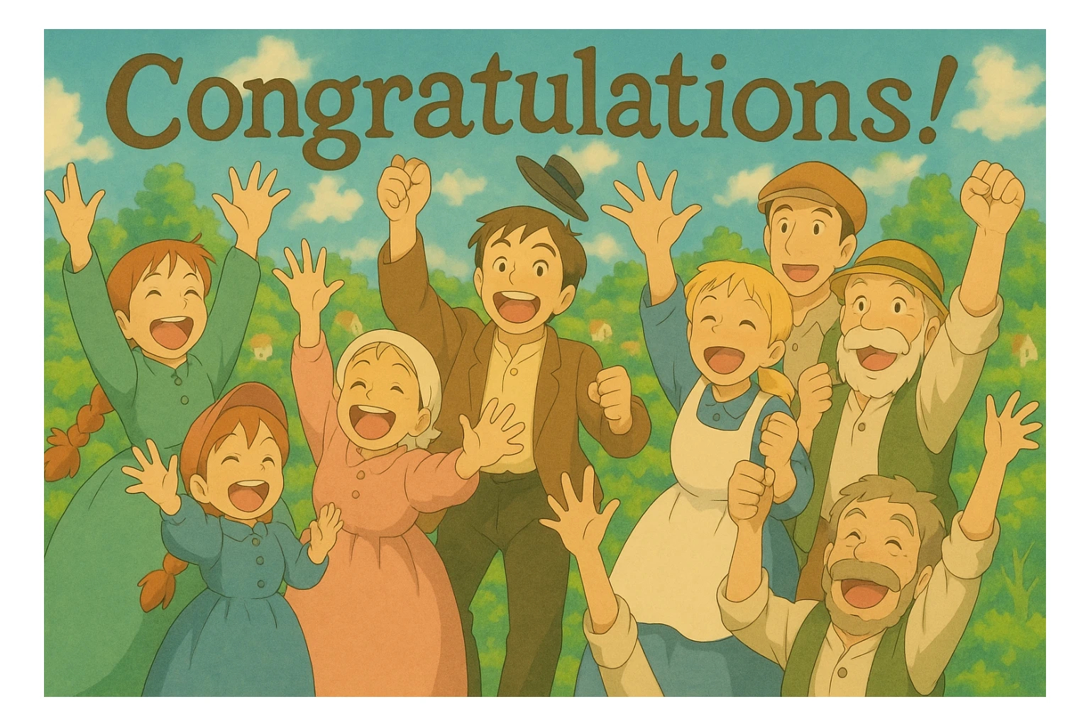 Add the text 'Congratulations!' in a whimsical, hand-drawn font above the group of people cheering, keeping the ghibli style. sticker