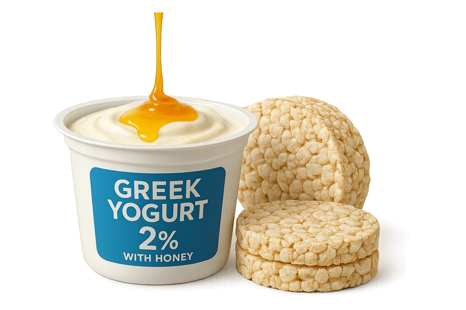Yogurt Greco 2%
Miele
Gallette di Riso
vista frontale, iperrealistico 4k sticker