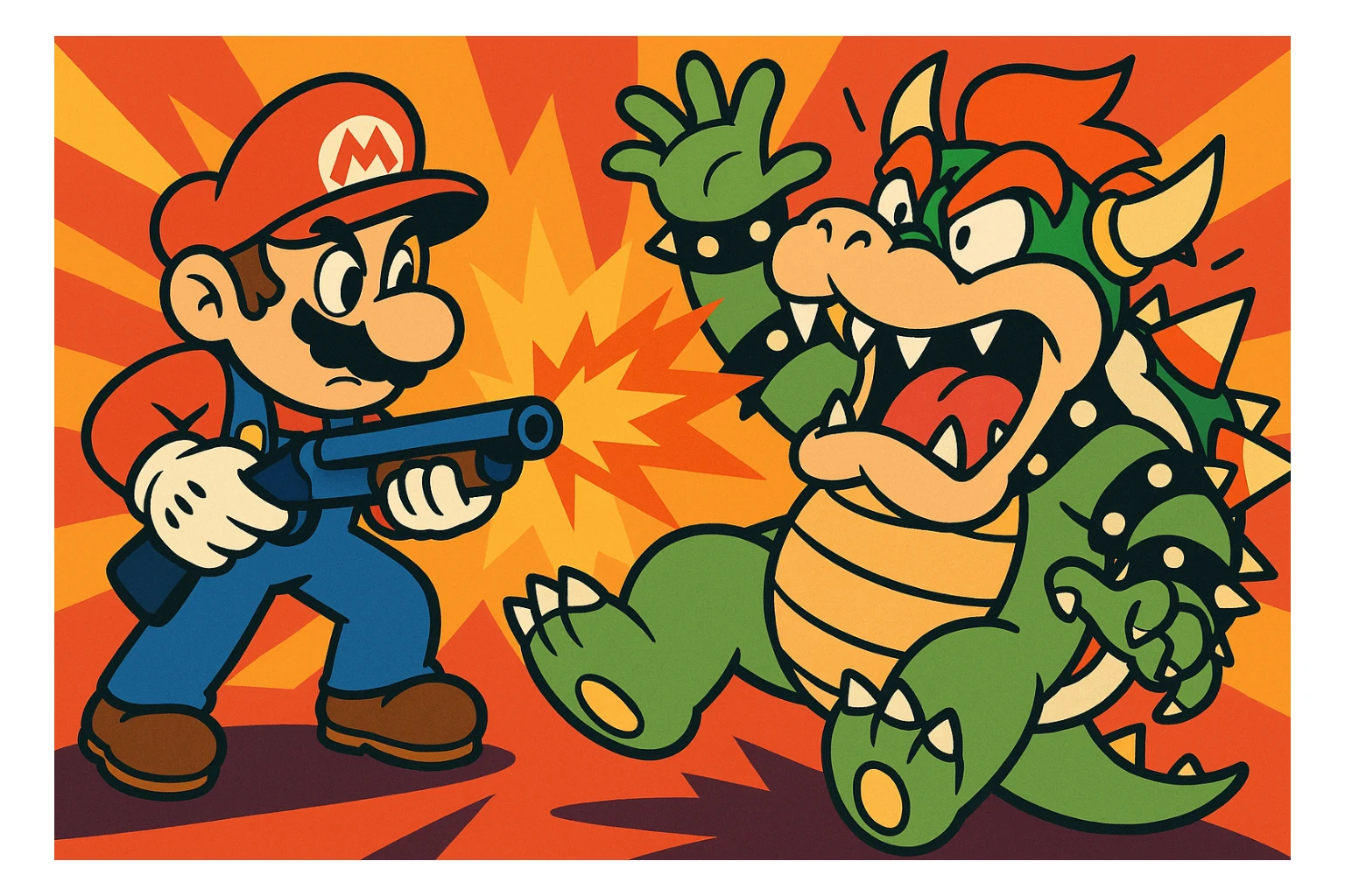 Mario and Bowser in a showdown, Mario with a shotgun, Bowser falling back, exaggerated cartoon action sticker