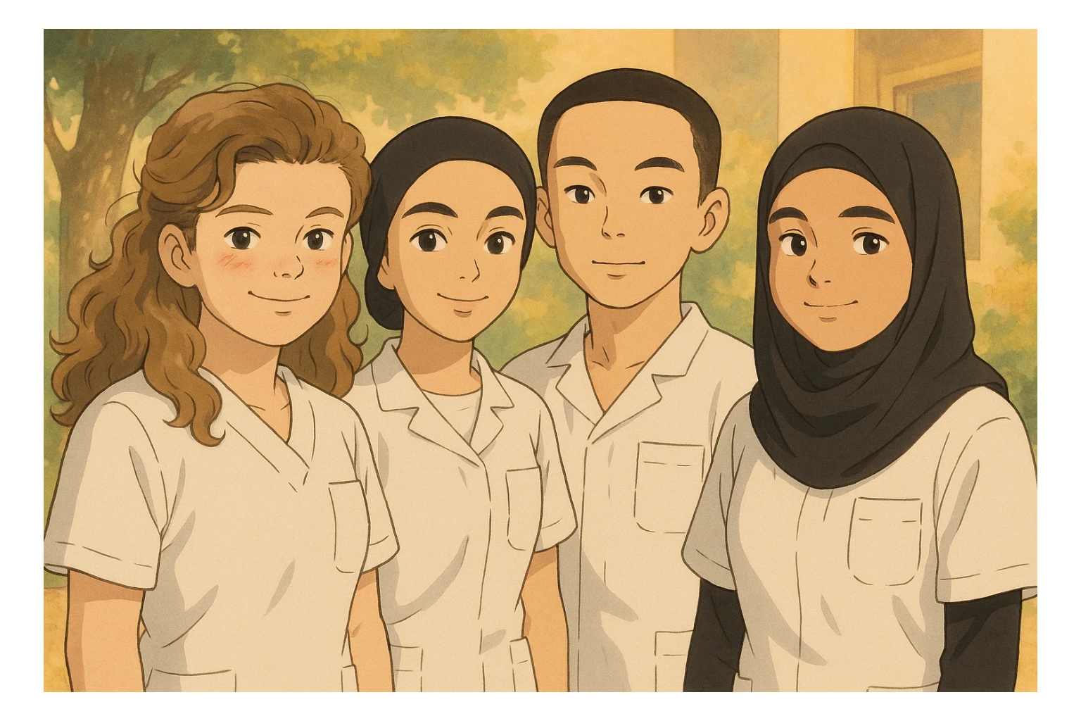 Four nursing students standing side by side in a warm atmosphere, Ghibli style. They wear white short-sleeved uniforms with medical tunic tops featuring V-neck collars and left chest pockets. No undershirts or stethoscopes. Faces and attitudes inspired by the four provided photos, version 2. sticker