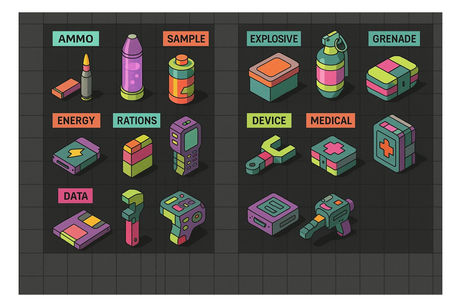 a virtual display, a gray grid with darker gray cells, each cell containing an item viewed in isometric minimalism render The cells have pastel neon colored labels in their upper corner, indicating various traits of the items. retrofuturism, circa 2880's.
The items are scientific and military in nature - varieties of munitions, scientific samples, rations, data storage, utilities. There are two arrays of grids, one left, one right. Each array has a few empty spaces at the bottom. "graphic realism." brutalism. the items are adorned in a combination of  bright colors, neon-safety, early 90's pallet, with muted gray tones in EVEN BALANCE. sticker