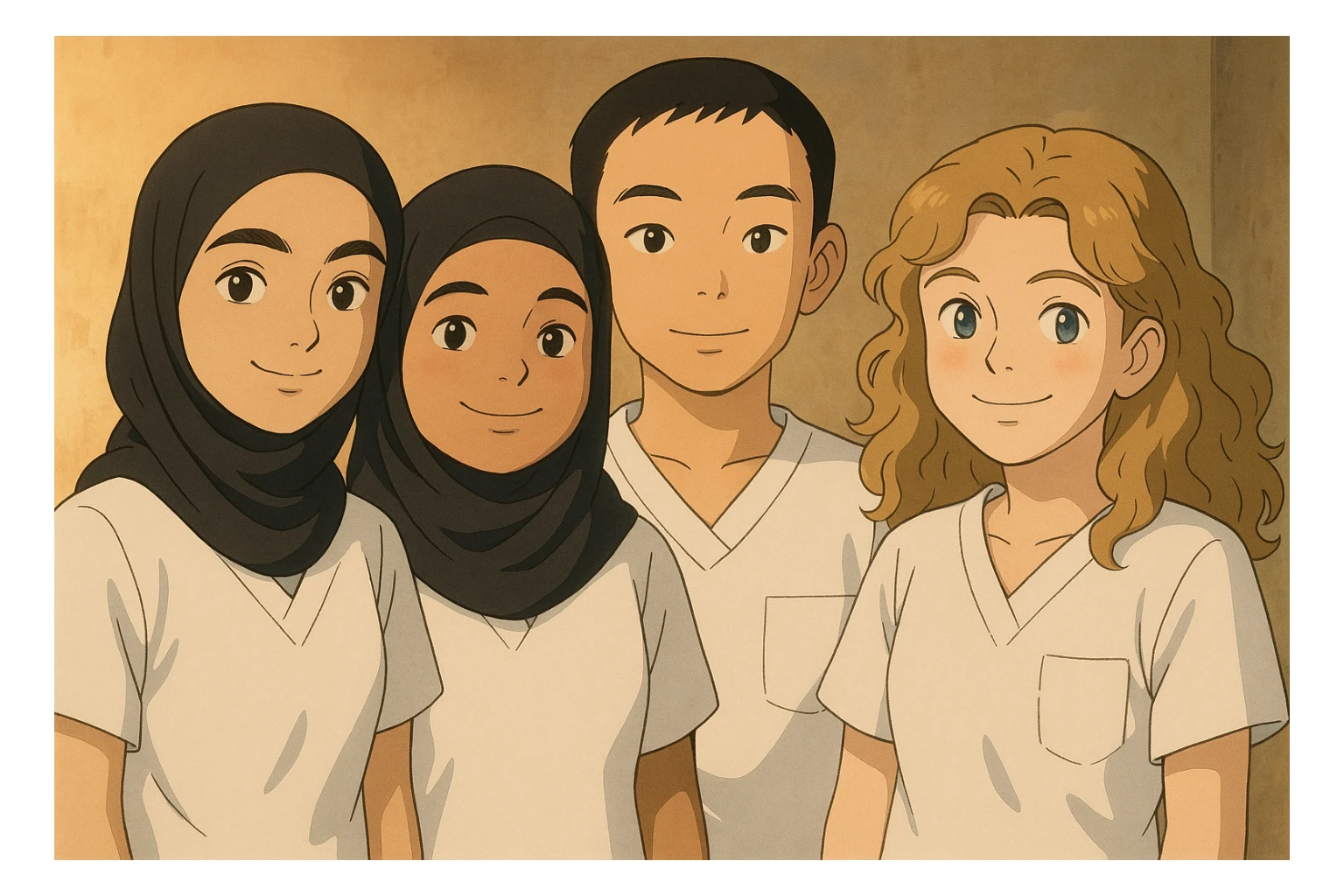 Illustrate four nursing students standing side by side in a warm atmosphere, wearing short-sleeved white uniforms without undershirts or stethoscopes, inspired by the four provided faces, in Ghibli style. sticker