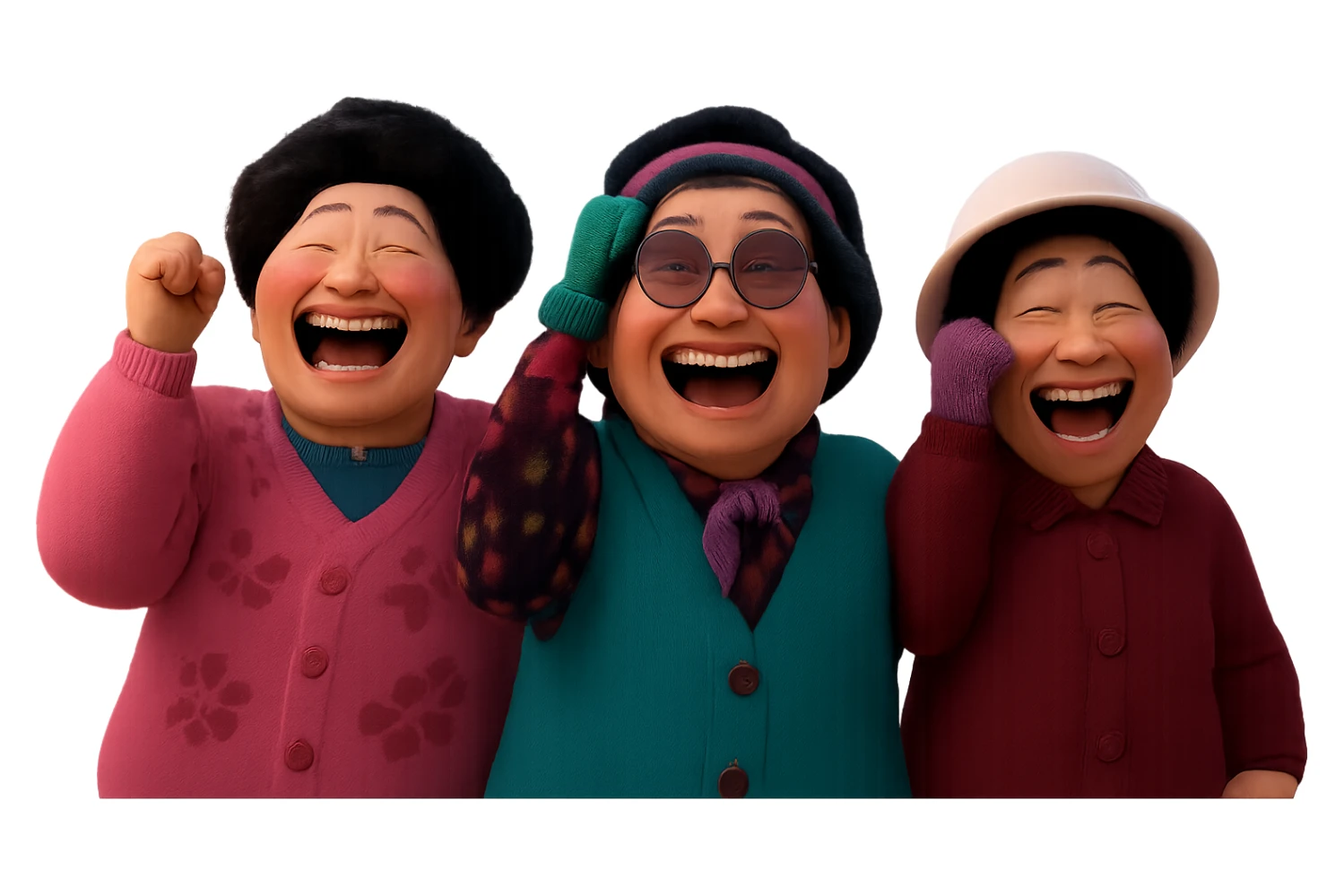 Extract the three characters from the image and place them together on a transparent background, keeping the original style and appearance as shown in the reference image. sticker