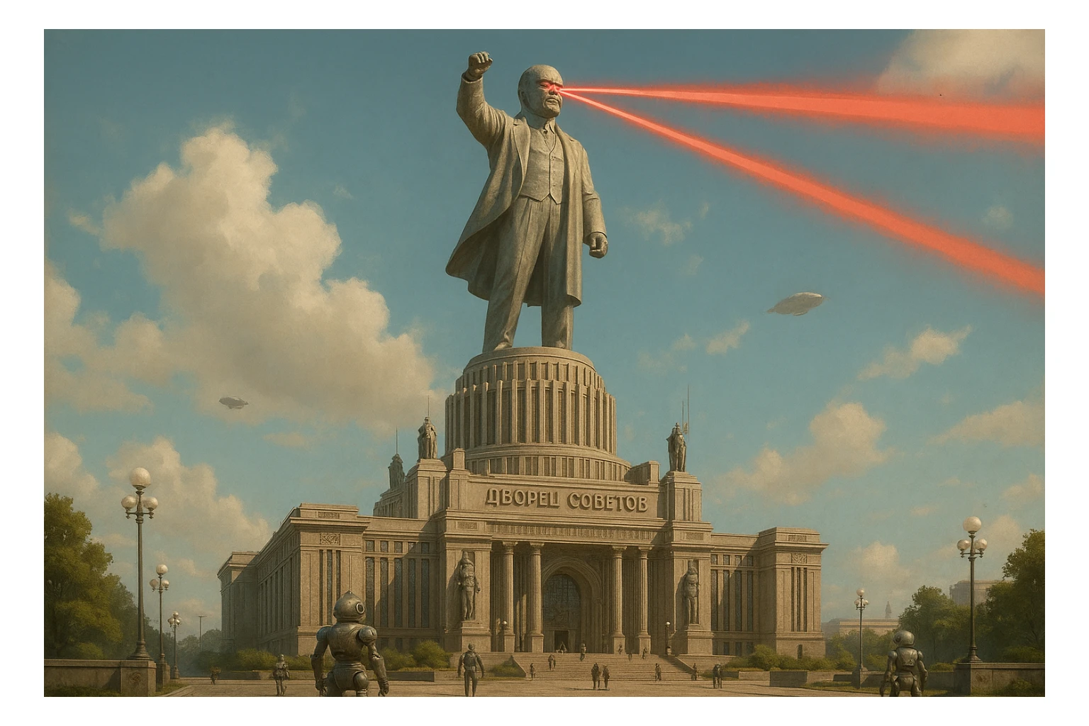 Дворец Советов реалистичный, как на фото. В стиле Atomic Heart, ретрокиберпанк. Упор на 100-метровую фигуру Ленина, у которой из глаз прожекторы лазерные. Светло, день sticker
