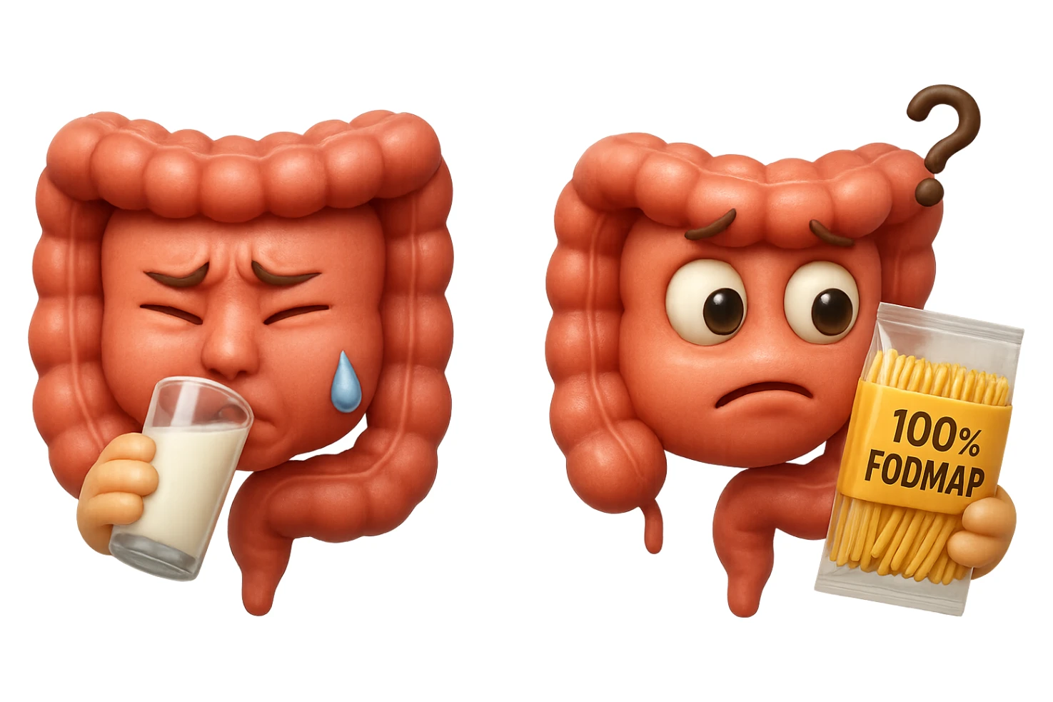 emoji stile iphone di un intestino che beve latte e ha un espressione di dolore e un intestino che guarda un pacco di pasta con la scritta "100% FODMAP" SULL'ETICHETTA CON ESPRESSIONE CONFUSA, iperrealistico 4k, isolato su sfondo bianco sticker