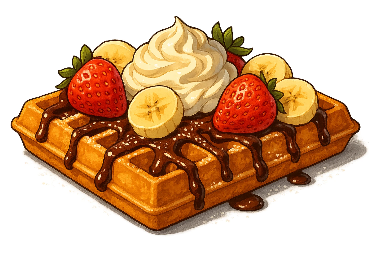 В слегка рисованном, но при этом ярком и объемном стиле с четкими линиями составь фотореалистичную композицию, где горизонтально лежит классическая брюссельская вафля с клубникой и бананом, сливочными кремом, политая шоколадом и посыпанная сахарной пудрой, профессиональный свет, подчеркивающий объем, сделай картинку более широкой, прозрачный фон sticker