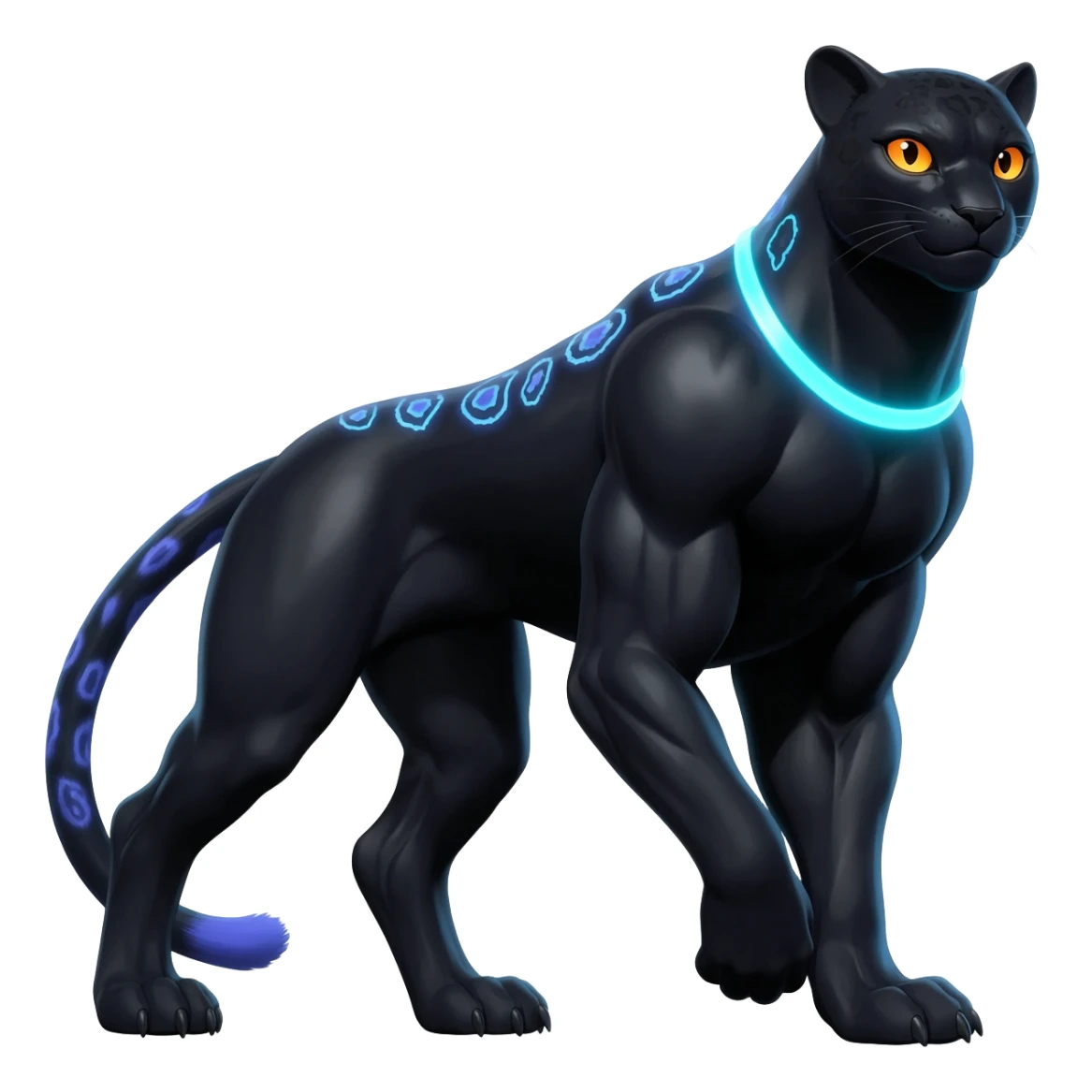 Realistic Obsidian-pitch-black fur body with neon-glowing-blue ring-markings Grem2-Gremz-serval-panther-Sergal-fusion, full body  sticker