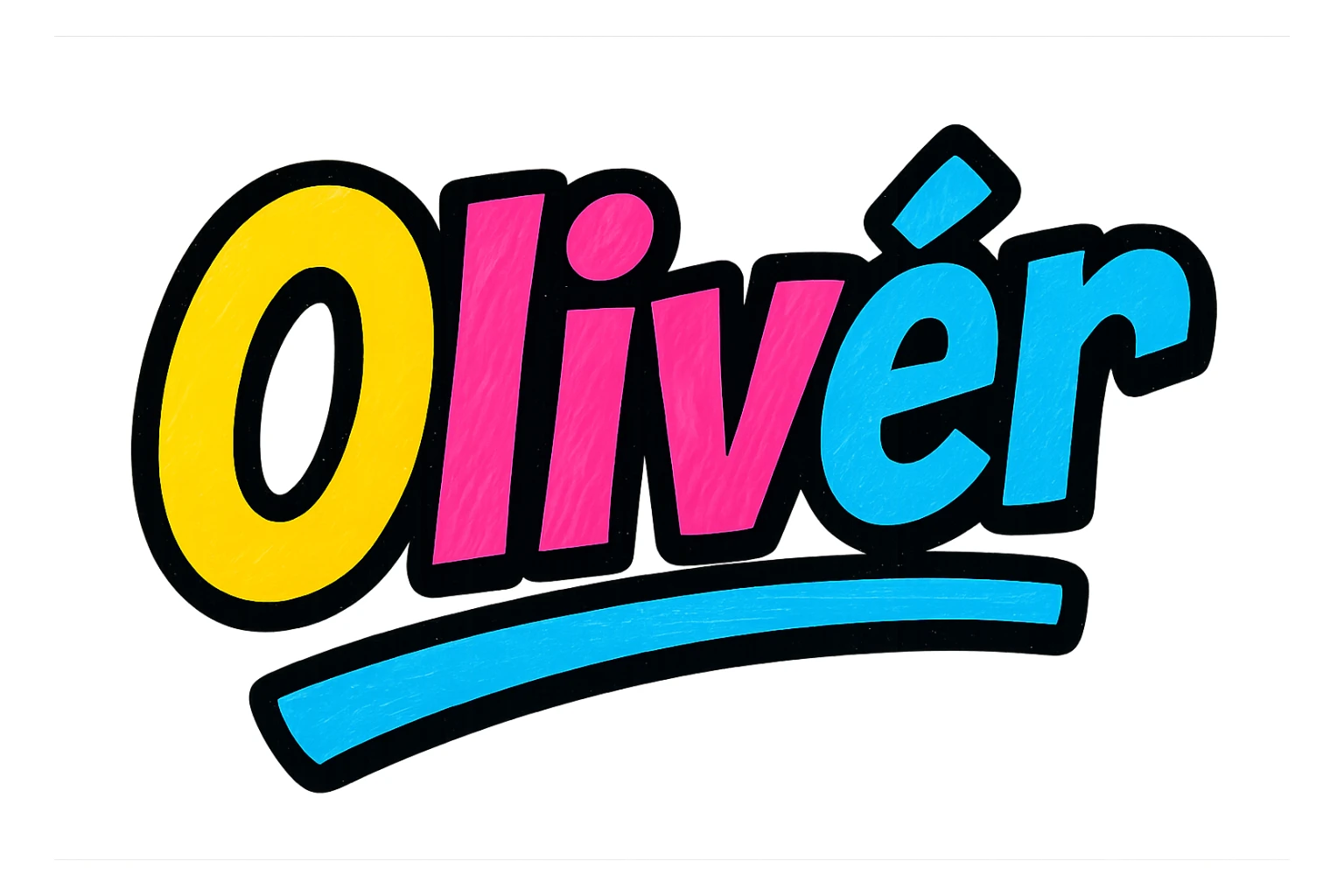 The name 'Olivér' in a modern, colorful gradient font with a dark outline, dynamic, slanted or partial underline, in the style of reference patterns. sticker