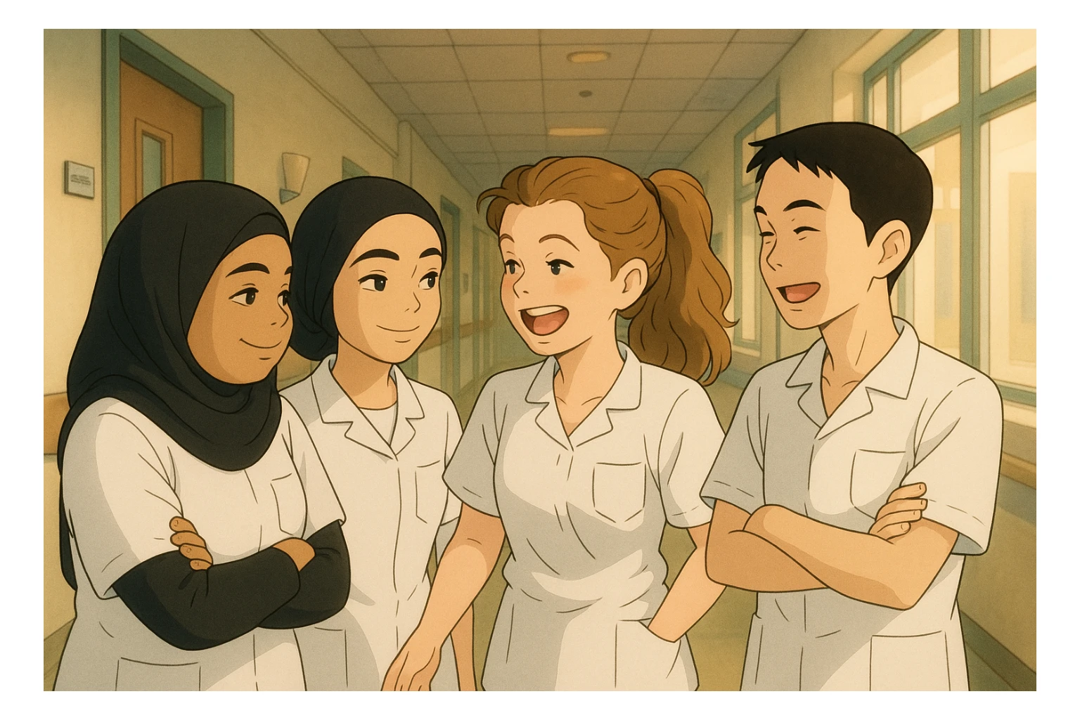 Four nursing students, Ghibli style, inspired by the photos, laughing and chatting in a hospital corridor. They wear short-sleeved white uniforms with V-neck medical tunics, left chest pocket, no collar stand, no stethoscopes, bare forearms, and long hair tied back for those who have it. The atmosphere is friendly and relaxed. sticker