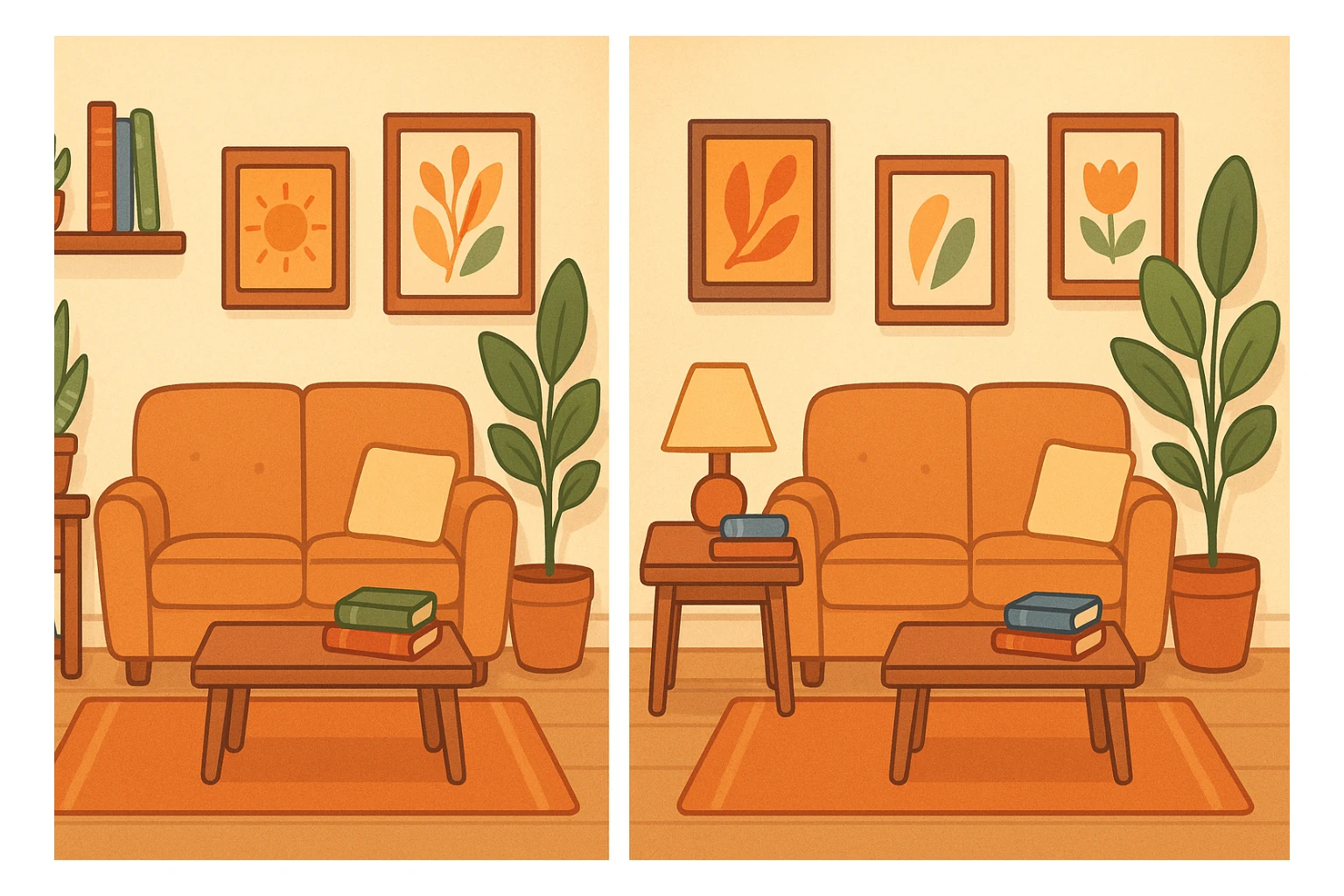 A friendly, clear, and visually engaging general-style illustration of a cozy room interior featuring a sofa, table, lamp, books, plants, and wall art. The scene is designed for a 'find the three differences' quiz, with distinct and interesting details to spot differences. sticker
