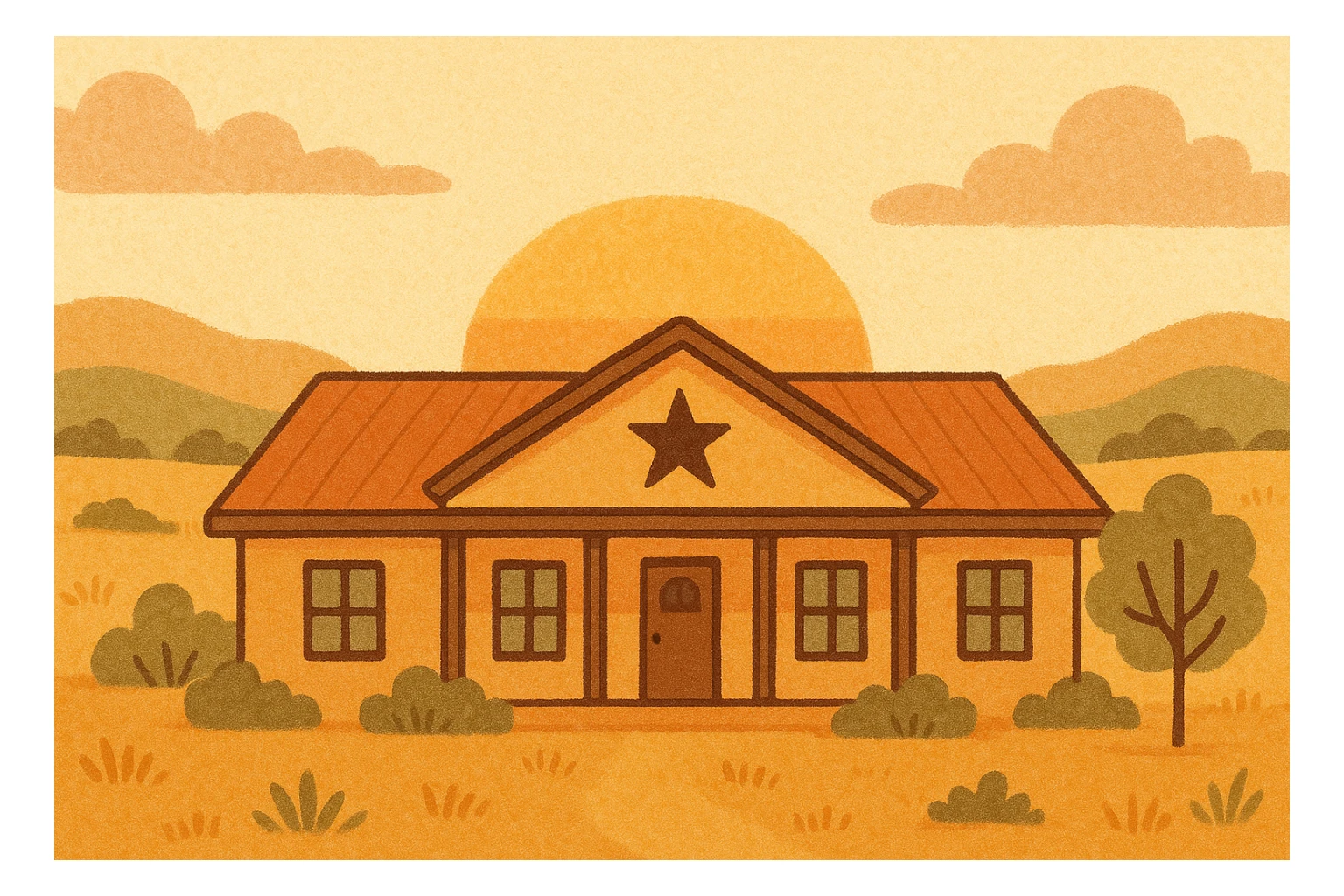 A ranch-style home with a star emblem, Texas landscape, sunset background sticker