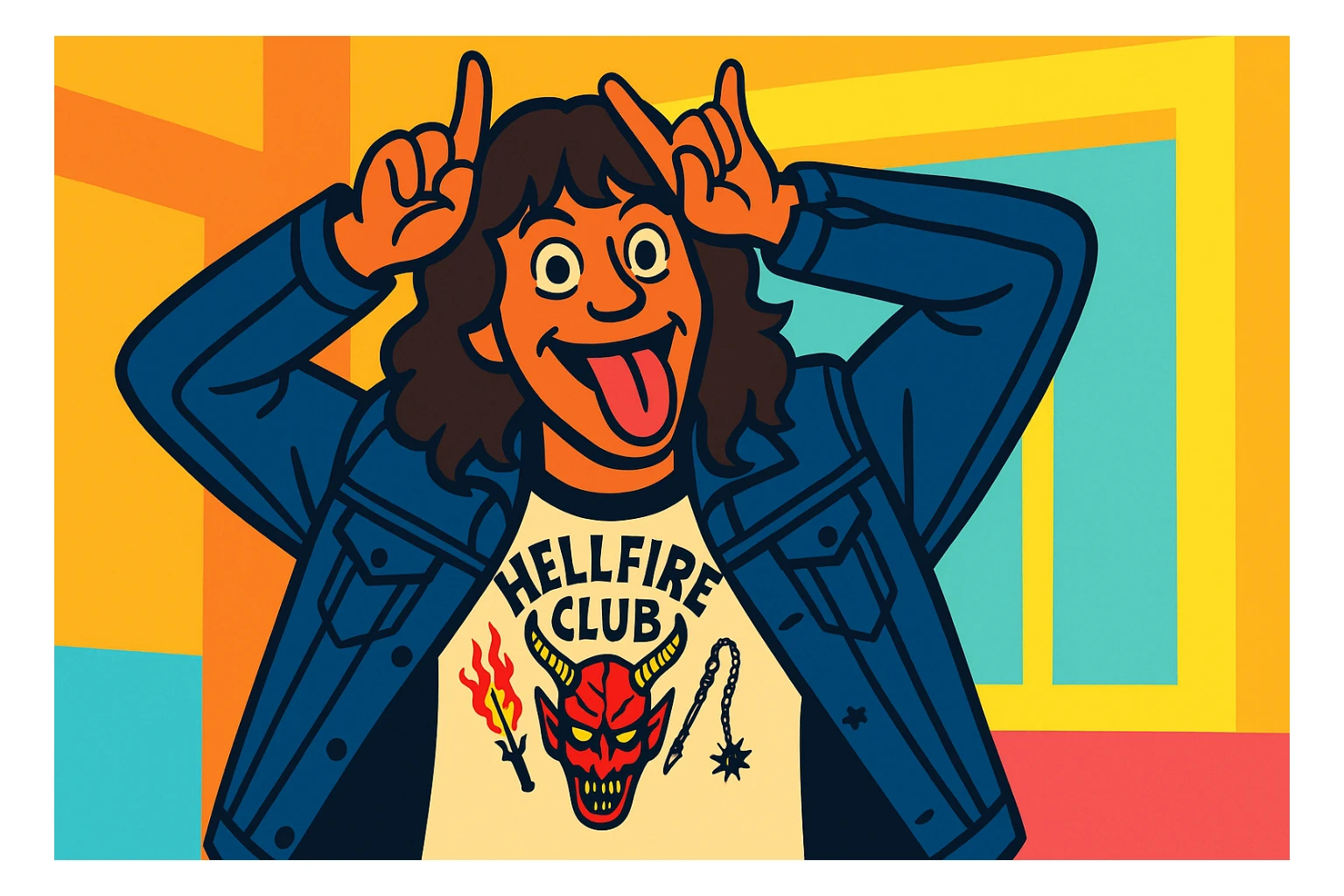 Eddie Munson from Stranger Things in vibrant toon style, wide aspect ratio (16:9), making a playful face with hands as horns and tongue out, inspired by the reference image. Use lighter, vivid colors and dark outlines. sticker
