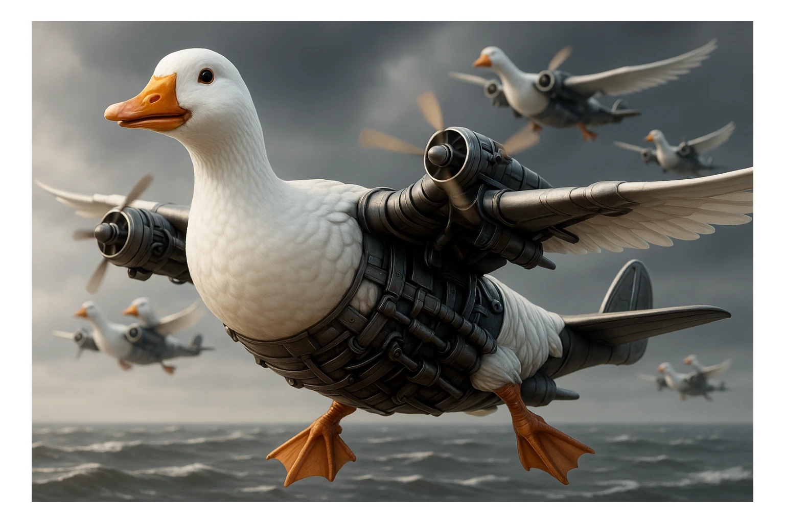 Change the expression of the goose-plane creature to happy, keeping all other details and colors the same, in a style consistent with the original image. sticker