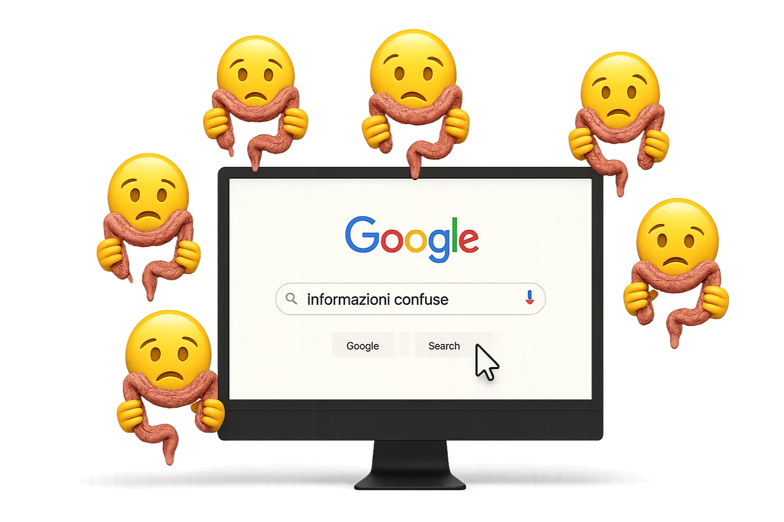 SCHERMO DI PC CON LA SCRITTA "informazioni confuse" SULLA BARRA DI RICERCA GOOGLE SULLO SCHERMO E IL CLICK DEL MOUSE SULLA SCRITTA CERCA, stile emoji iphone fluttuano in aria stringendo in mano un pezzo di colon intestinale, iperrealistico 4k sticker