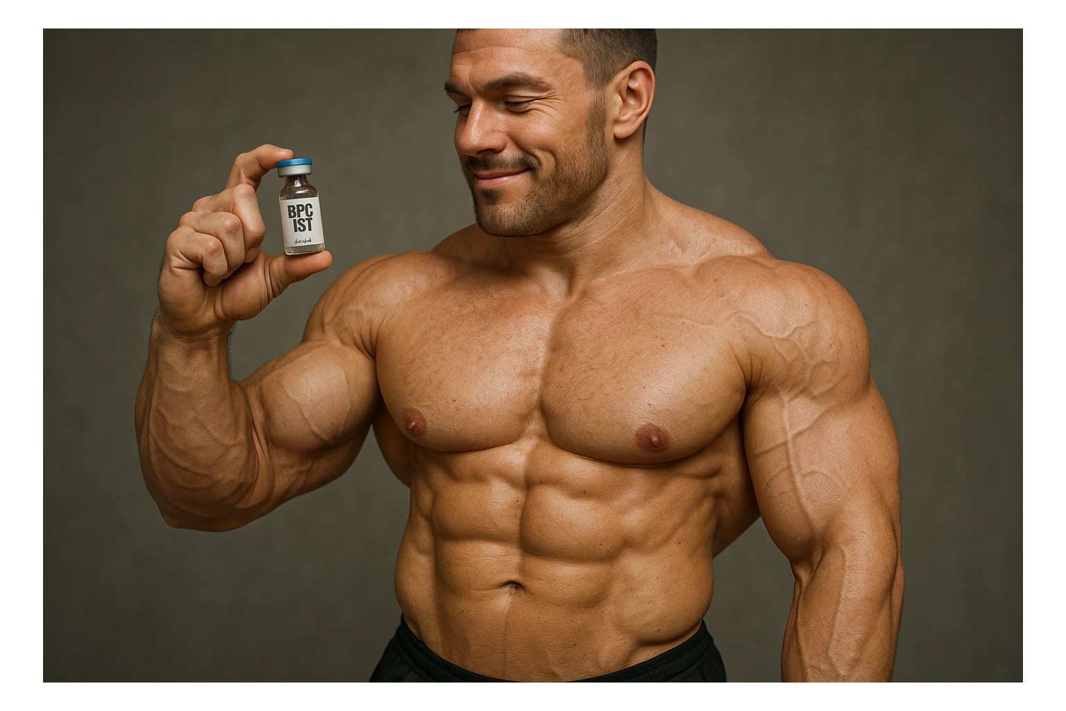 BODYBUILDER A FIGURA INTERA CHE TIENE IN MANO UNA FIALA MEDICA CON la scritta "BPC 157" SULL'ETICHETTA E LA GUARDA SODDISFATTO, iperrealistico 4k sticker