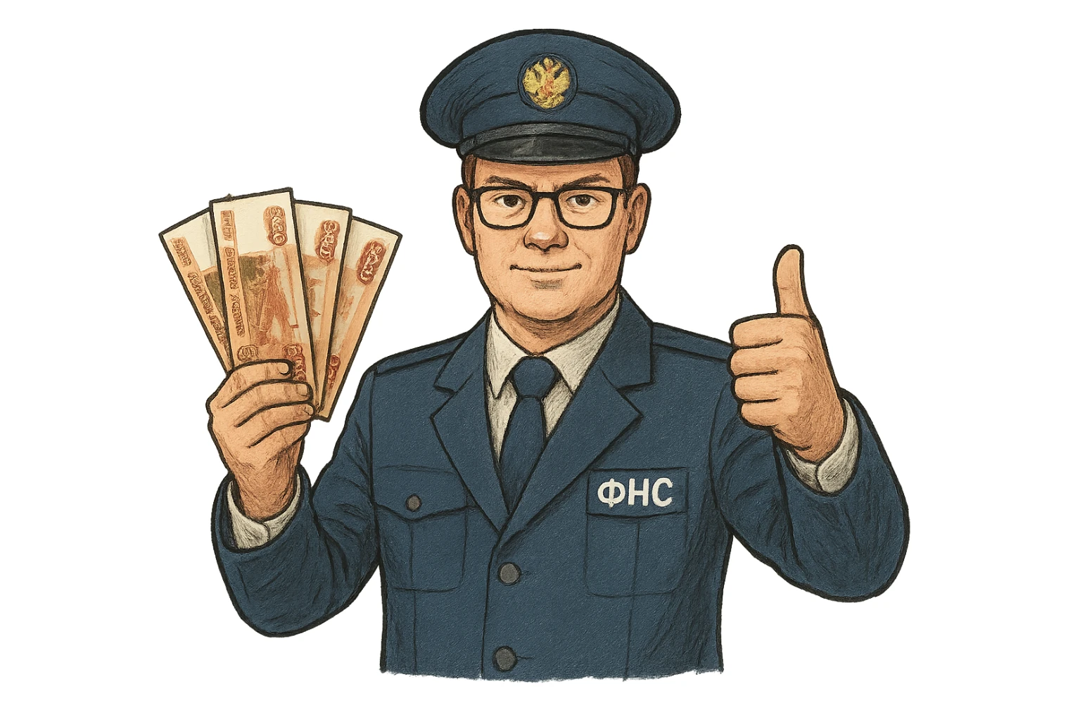 В слегка рисованном, но при этом объемном стиле инспектор ФНС держит пачку 5000 тысячных купюр, другой показывает класс и смотрит ровно на зрителя, прозрычный фон, не обрезать края картинки sticker