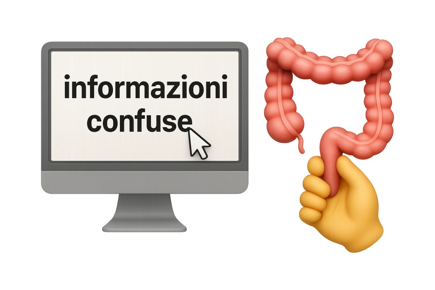 SCHERMO DI PC CON LA SCRITTA "informazioni confuse" SULLO SCHERMO E IL CLICK DEL MOUSE SULLA SCRITTA, stile emoji iphone fluttuano in aria stringendo in mano un pezzo di colon intestinale, iperrealistico 4k sticker