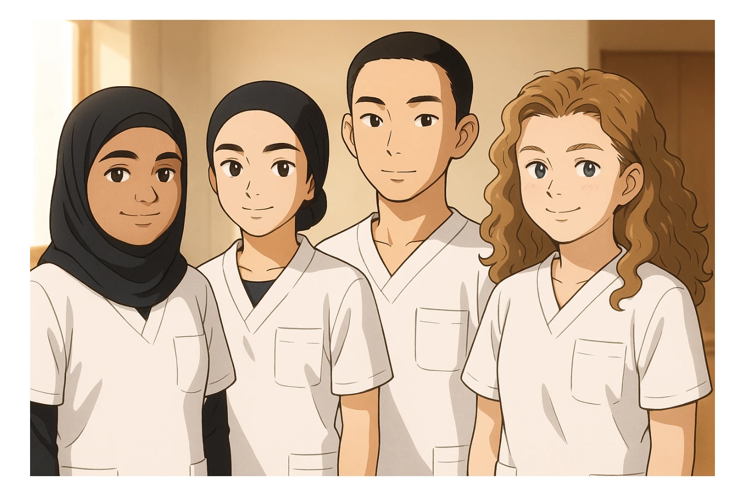 Four nursing students standing side by side indoors, each wearing a white short-sleeved uniform with a V-neck medical tunic, left chest pocket, no collar stand, no stethoscope, nothing protruding from the sleeves, bright ambiance, no feet visible. sticker
