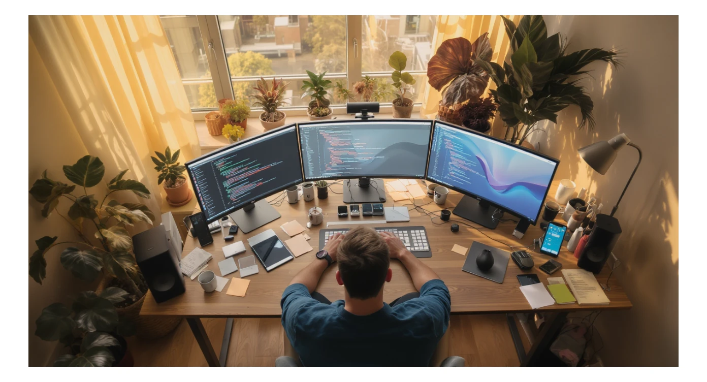 Cinematic shot of a programmer programming on tripple display setup PC, top dutch angle, Warm bright vibe, modern apartament around plants notes, model is dress like designer, morning, big window, captured on arri alexa sticker