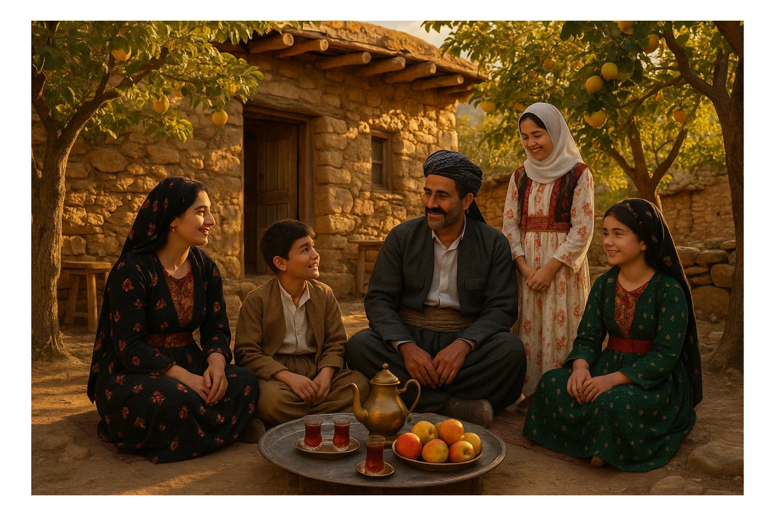 کوردی rural village scene, Kurdish family gathering outside, tea set, fruit trees, traditional clothes, rustic setting, warm sunset sticker