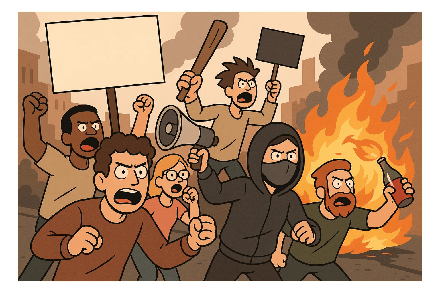 riot, group of people protesting, vibrant colors, flat toon style sticker