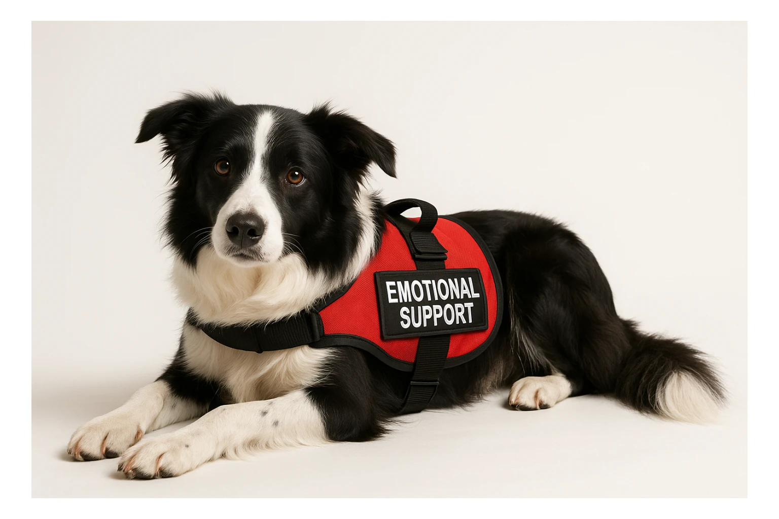 border collie with black and white fur, emotional support vest, lying down, gentle eyes, white background sticker