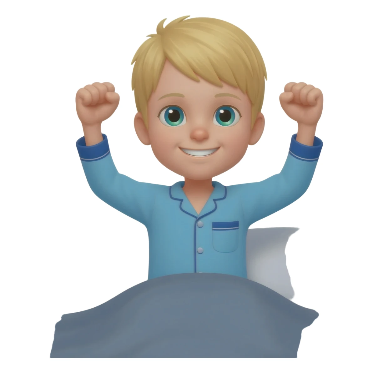 Use the same 3 year old blonde boy with blueish-green eyes, it should be the same boy as before  happy with plain blue pajamas raising both arms up and hands like fists, sitting on the bed, the bed should be gray sticker