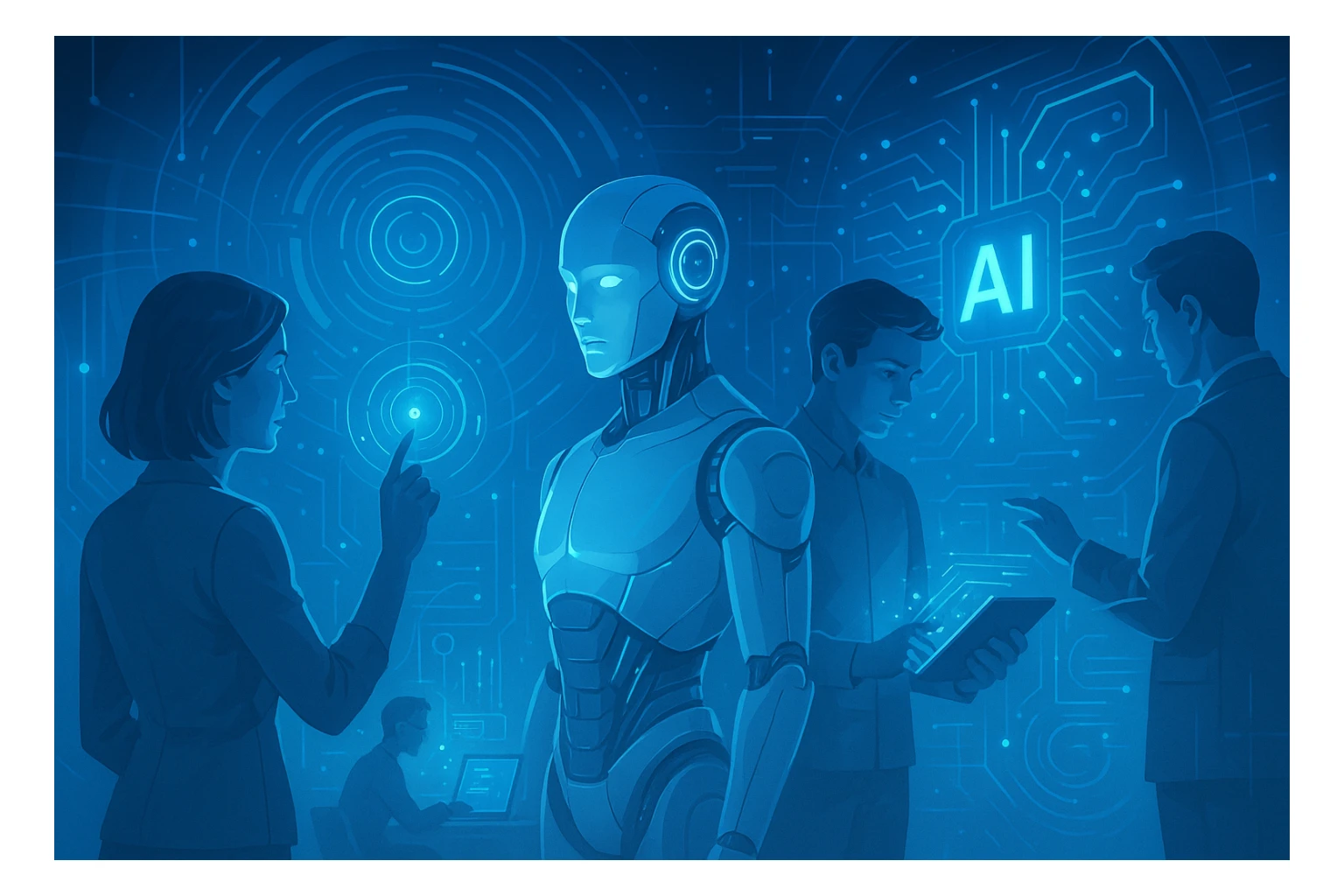 AI and People, futuristic, glowing elements, sleek design, blue and silver tones sticker