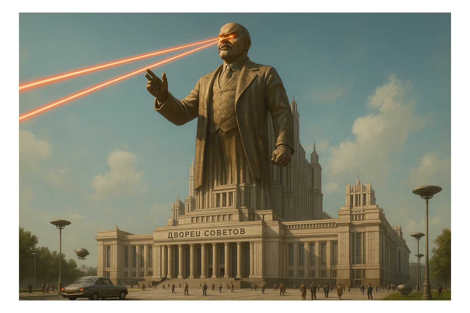 Дворец Советов реалистичный, как на фото. В стиле Atomic Heart, ретрокиберпанк. Упор на 100-метровую фигуру Ленина, у которой из глаз прожекторы лазерные. Светло, день sticker