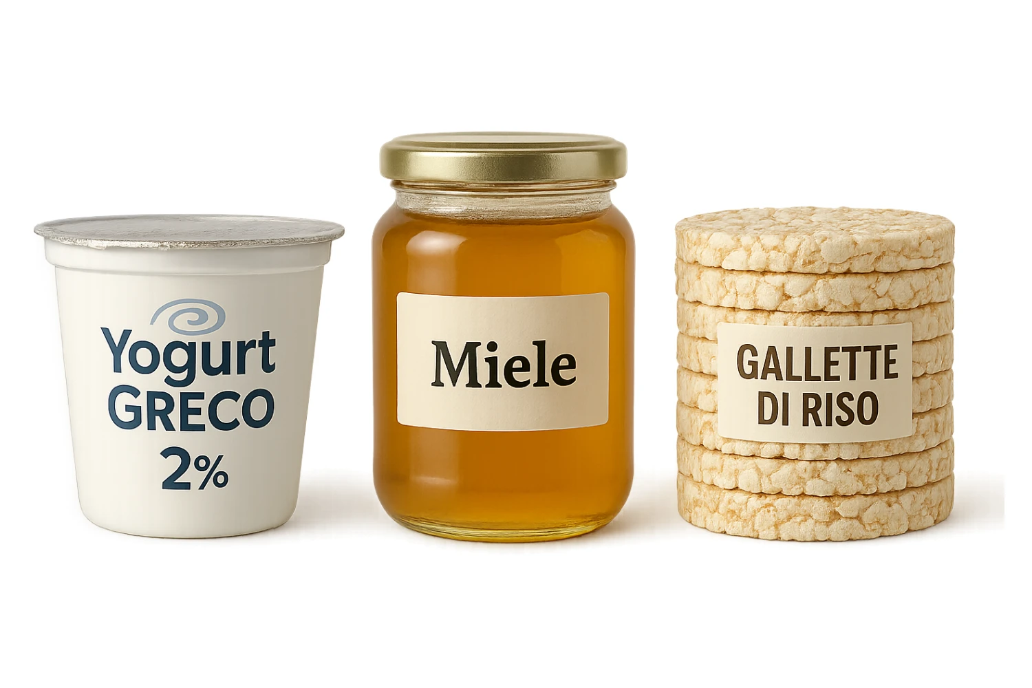 Yogurt Greco 2%
Miele (senza il cucchiaio di legno)
Gallette di Riso
vista frontale, iperrealistico 4k sticker