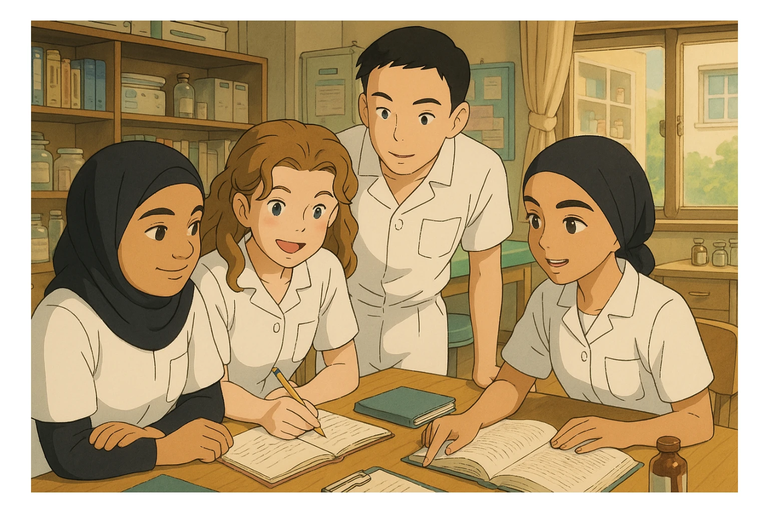 Ghibli style interior scene with a group of four nursing students working together. They wear white short-sleeve uniforms with V-neck medical tunics and a left chest pocket, no stethoscopes or clothes under the tunic. Warm atmosphere with visible interaction and a different composition. sticker