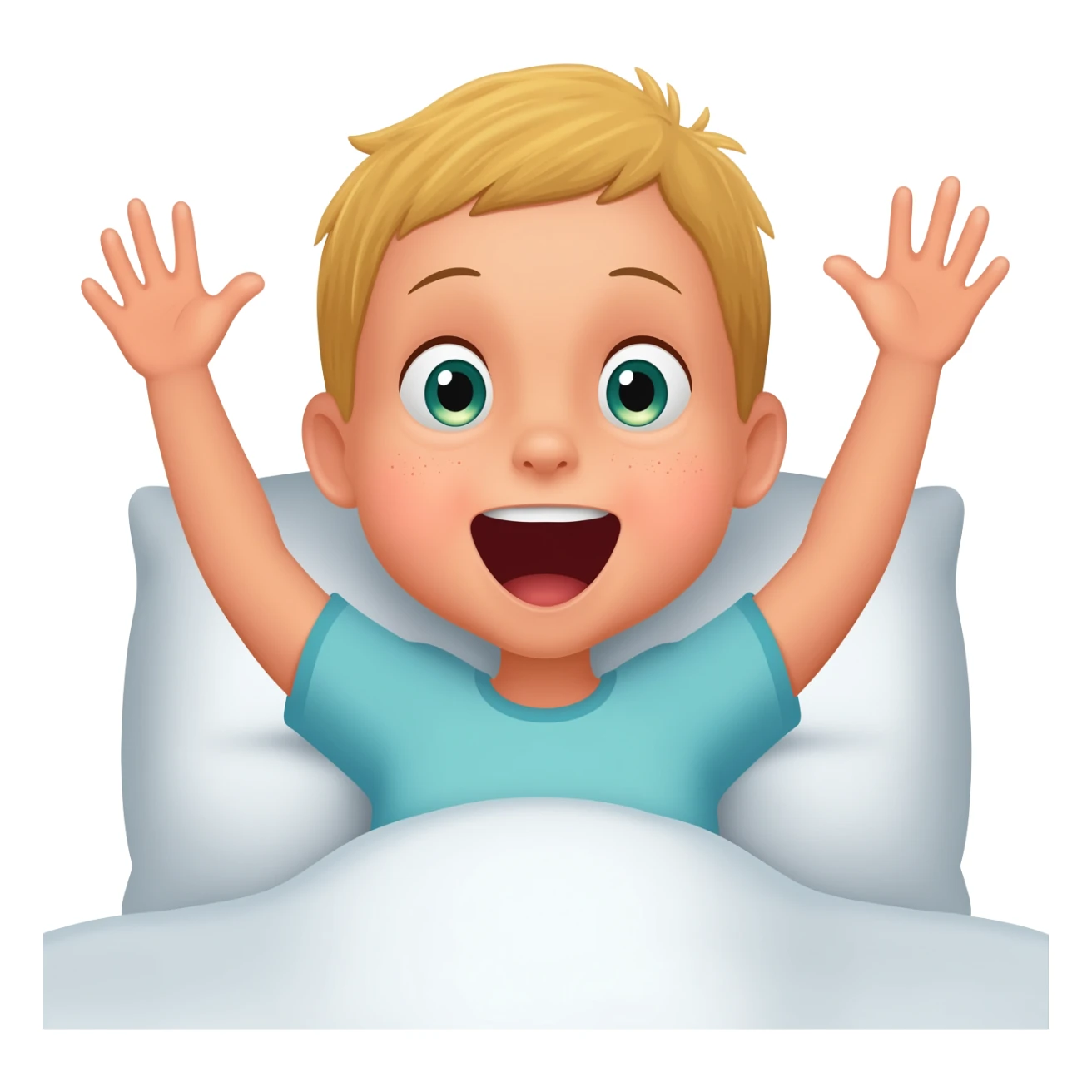 3 year old blonde boy with green-blueish eyes waking up from bed, raising both arms up and yawning. No tears. No scared face, he looks sad! Make the boy happy sticker