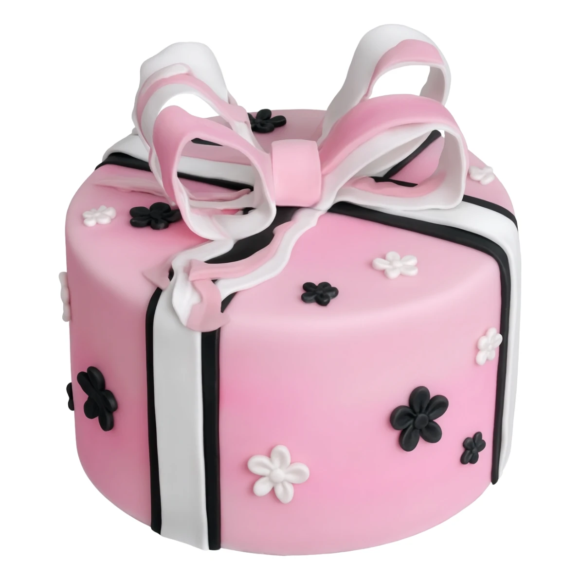 Pastel pink shaped birthday cake with black and white bows and flowers sticker