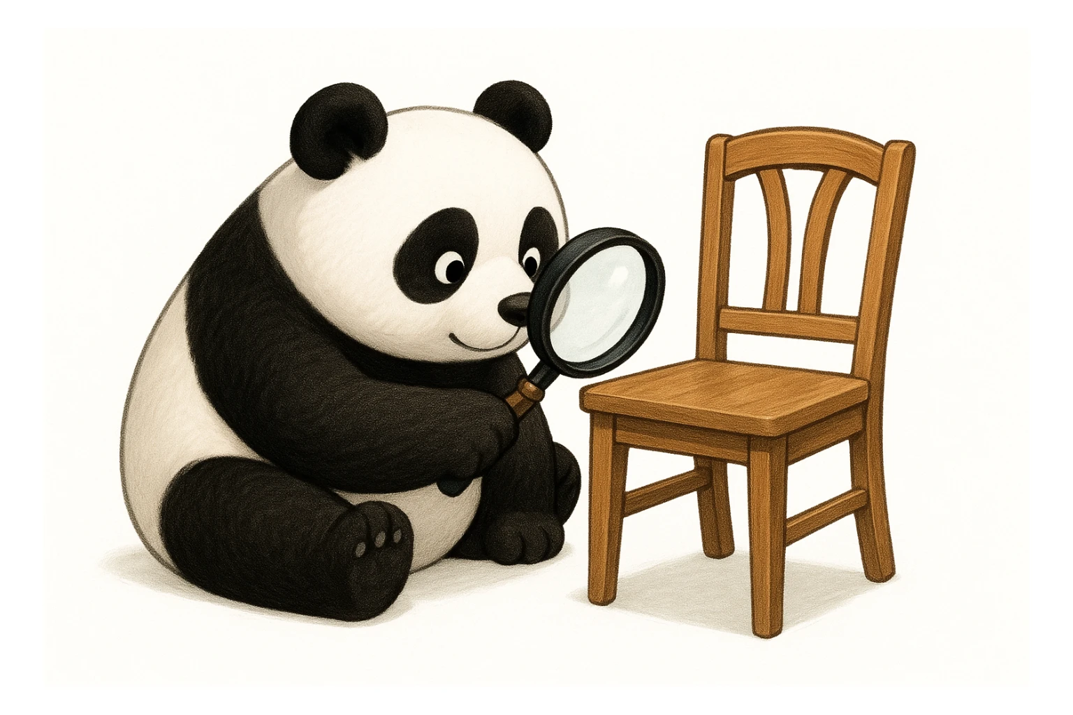 big panda inspecting dining chair for durability with magnifying glass, cute and whimsical, clean background sticker