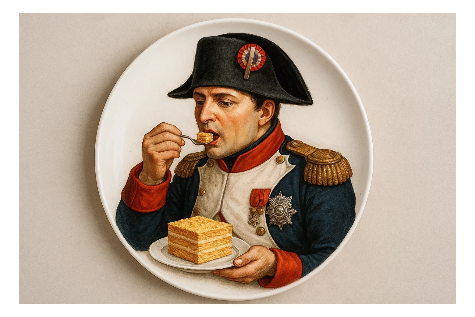 Вид сверху. Круглая белая тарелка полностью помещается в кадр, края не обрезаны. На тарелке — реалистичная иллюстрация: Наполеон Бонапарт в парадной форме аккуратно кладёт себе в рот кусочек торта «Наполеон». Сам торт выглядит аппетитно и аккуратно: ровные слои теста и крема, чистые края, красивая подача. sticker