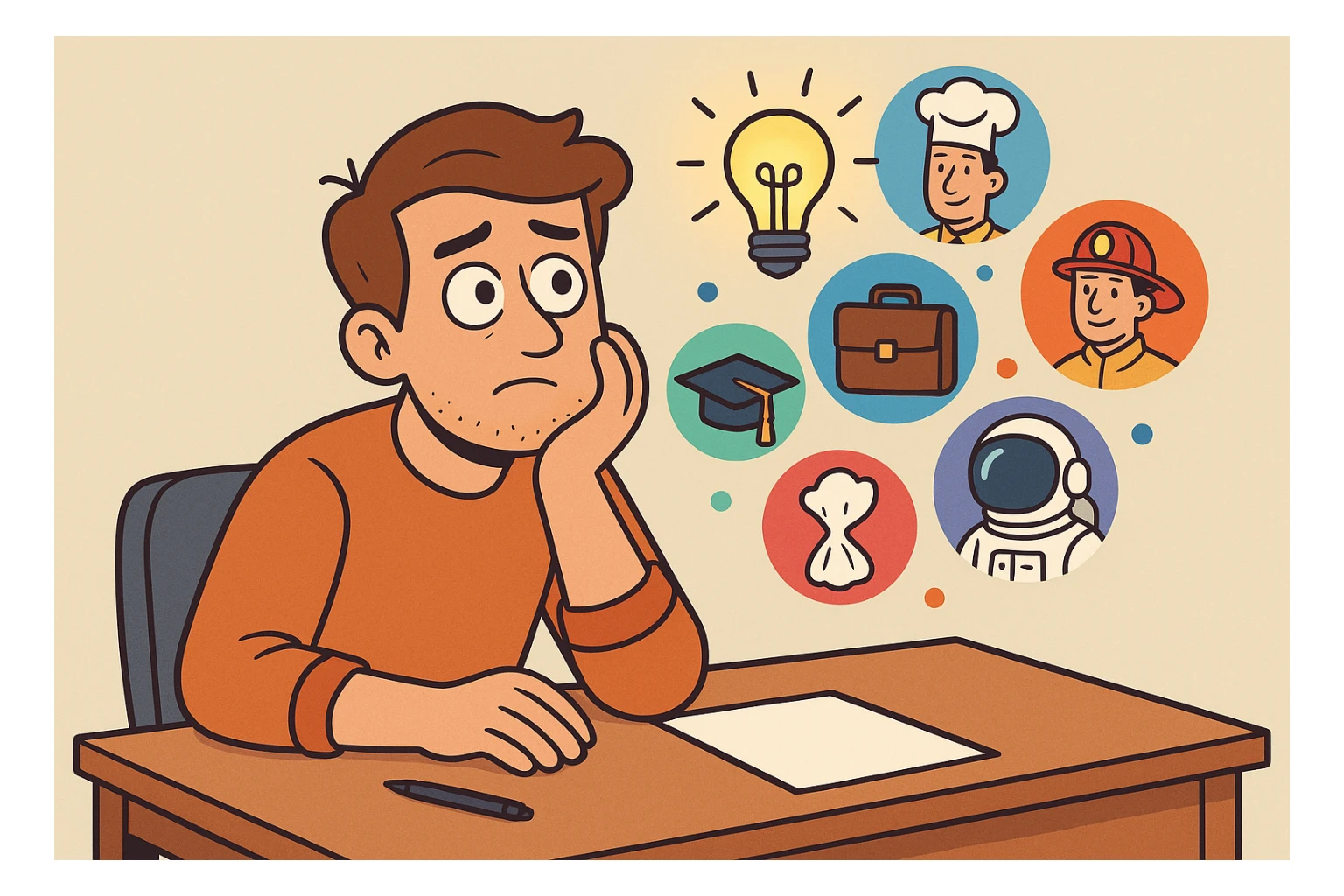 a man sitting at a desk, head resting on hand, imagining future careers, lightbulb and icons above head, flat style, colorful sticker