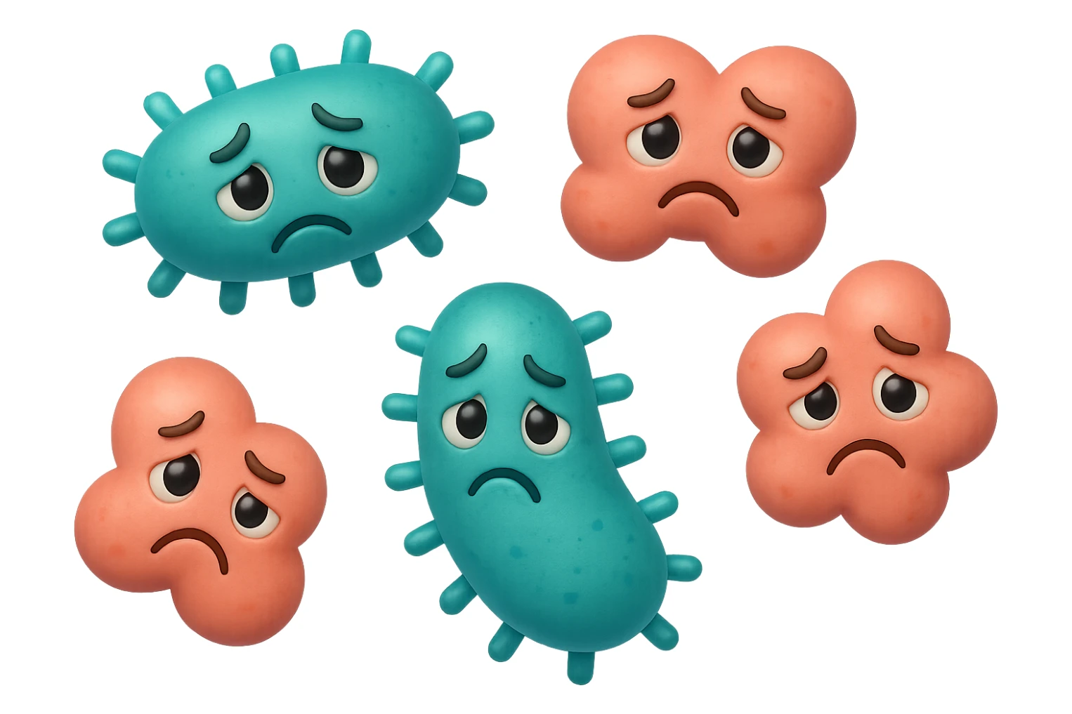 EMOJI STILE IPHONE DI 3 BATTERI INTESTINALI turchesi tristi e 3 batteri intestinali rosa salmone tristi CHE FLUTTUANO IN ARIA IPERREALISTICO 4K sticker