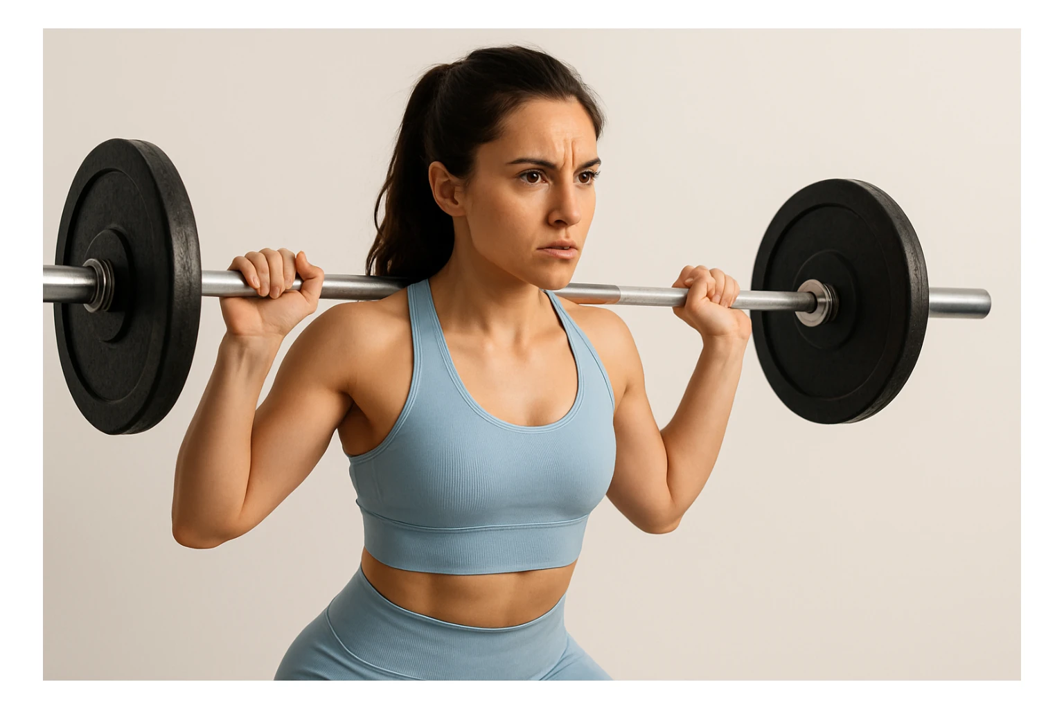 brunette woman in light blue gym clothes lifting a barbell, determined expression, clean background sticker