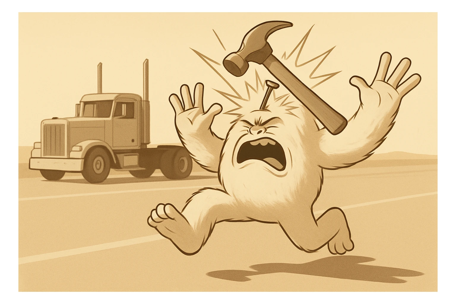 Add a comic-style impact effect where the hammer hits the abominable snowman, remove any blue color from the abominable snowman. Keep the side view, flattop semi with chrome stacks far behind, light and realistic style, no text. sticker