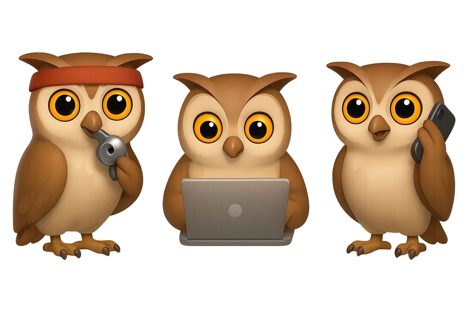 В стилистике эмоджи сгенерируй три совы в одной композиции. Одна сова стоит в спортивной повязке на голове и держит в клюве свисток, одно крыло его придерживает, будто она тренер. Вторая сова сидит за ноутбуком и что-то сосредоточено пишет, третья сова звонит по телефону, прозрачный фон sticker