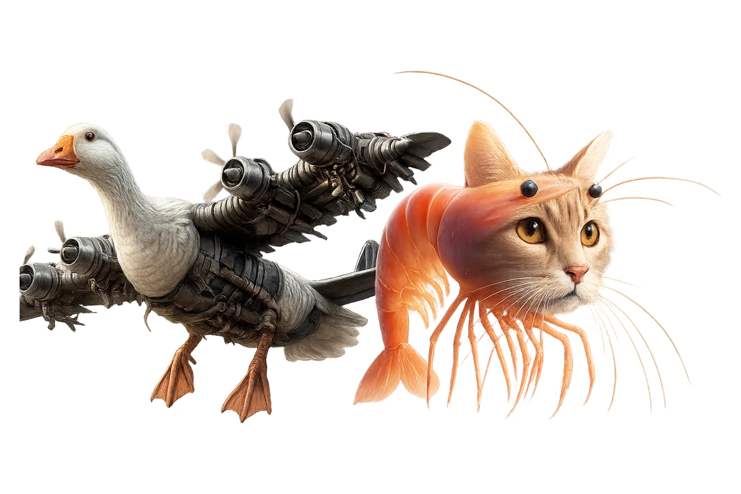 Combine both creatures from the provided images into one image, side by side, keeping their original colors, details, and realistic style unchanged, with a transparent background. sticker