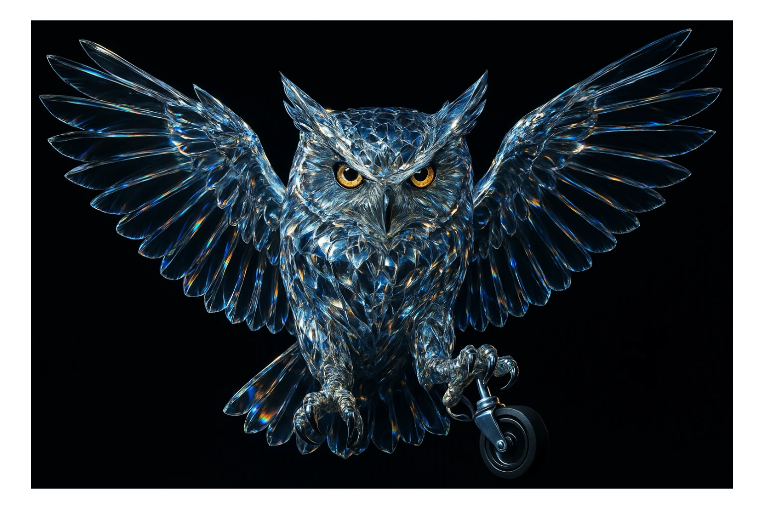 a majestic owl made of transparent diamond-like glass, light refracting through its body, shimmering reflections and refractions, ultra wide wings fully spread as if landing to catch prey, intense and serious facial expression, piercing beautiful eyes, holding a chair wheel in its claws, hard light, strong contrast between light and shadow, cinematic rim lighting highlighting edges, detailed crystalline texture, ultra realistic, high contrast, solid black background, void, nothingness, 8k, sharp focus sticker