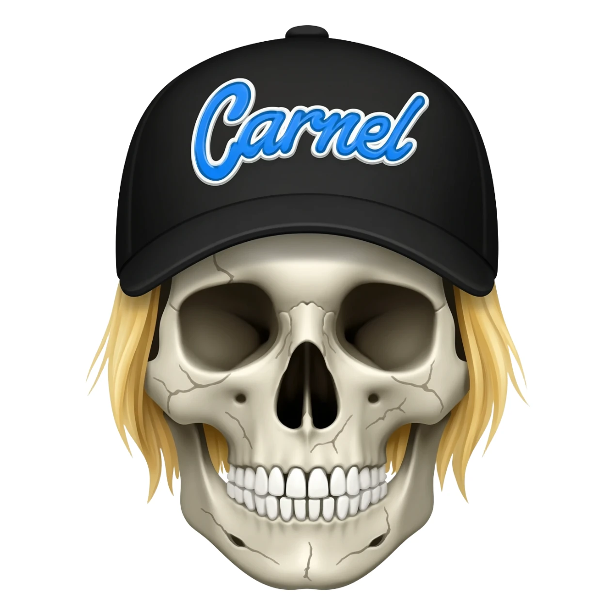 Create a skeleton head wearing a black baseball cap that says " Carnel " in blue, and white lettering, with blonde hair sticker