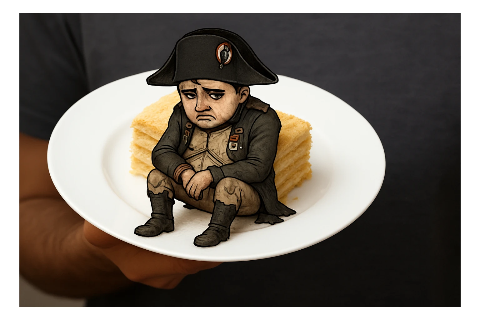 Сгенерируй мне такую же тарелку, в таком же расположение, но на ней сидит грустный наполеон бонапарт в чуть рваной одежде, как будто он повержен sticker
