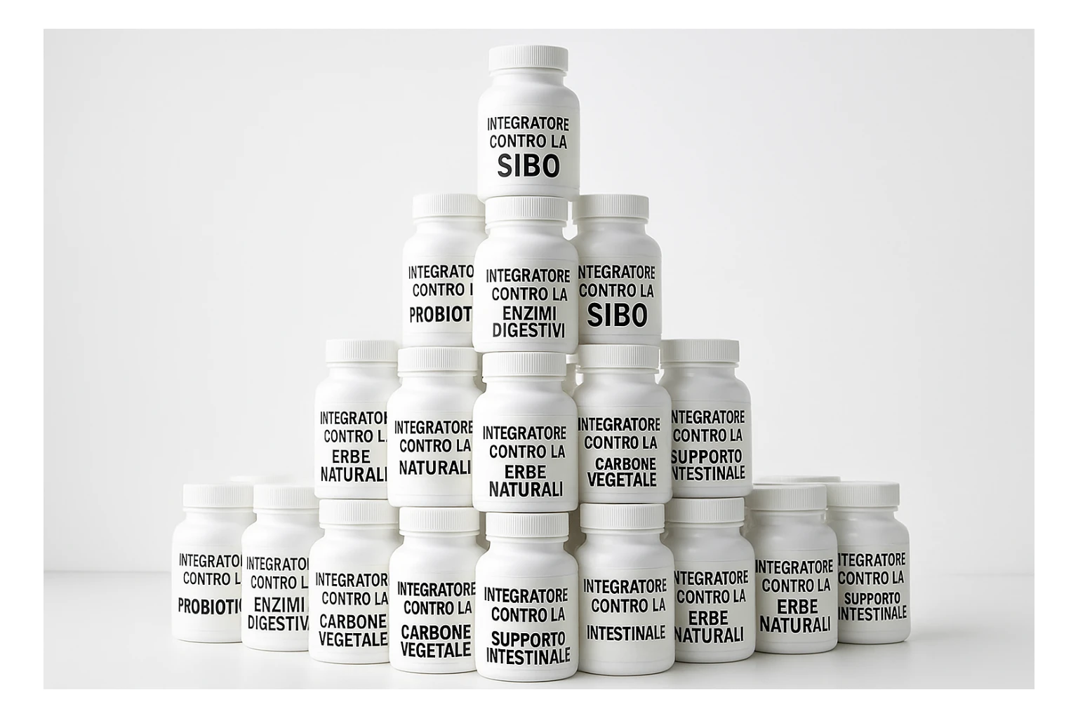 montagna di barattoli di integratori contro la SIBO con etichette in italiano sticker
